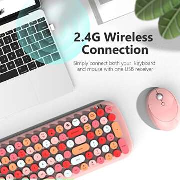 MOFII Wireless Keyboard and Mouse Combo, Pink Colorful Retro Typewriter Keyboard, 2.4G Cute Round Key Wireless Keyboard Mouse Set for PC Laptop Mac Computer