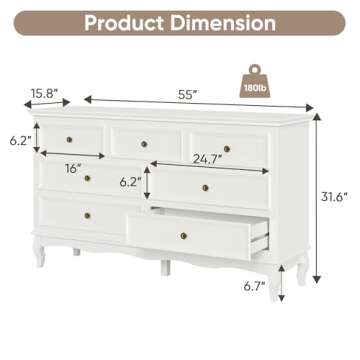 RoyalCraft White 7 Drawer Dresser for Bedroom, Modern Chest of Drawers with Solid Wood Legs and Pain...