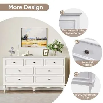 RoyalCraft White 7 Drawer Dresser for Bedroom, Modern Chest of Drawers with Solid Wood Legs and Painted Finish, Wooden Storage Closet Cabinet Organizer for Living Room, Hallway