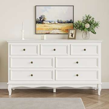 RoyalCraft White 7 Drawer Dresser for Bedroom, Modern Chest of Drawers with Solid Wood Legs and Painted Finish, Wooden Storage Closet Cabinet Organizer for Living Room, Hallway