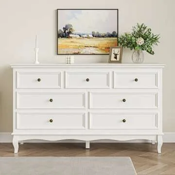 RoyalCraft White 7 Drawer Dresser for Bedroom, Modern Chest of Drawers with Solid Wood Legs and Painted Finish, Wooden Storage Closet Cabinet Organizer for Living Room, Hallway