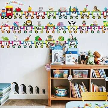 Alphabet Train Bulletin Board Set Animals Alphabet Line Cards for Classroom Wall Letters Banner Decor Early Learning Bedroom Nursery Playroom Decorations Children Kids Teens