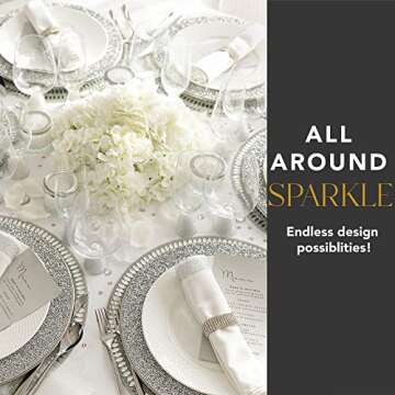 Luminous Charger Plate, Sparkling Rhinestones, Protective Dinner Plate Server, For Formal Dining Table Setting, Event, Wedding, Silver, 13", Sold Individually