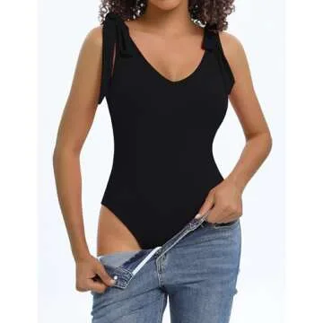 POTILI Tank Top Sleeveless Bodysuit for Women Tie Shoulder V Neck Skims Bodysuits Going Out Black Body Suit Tops
