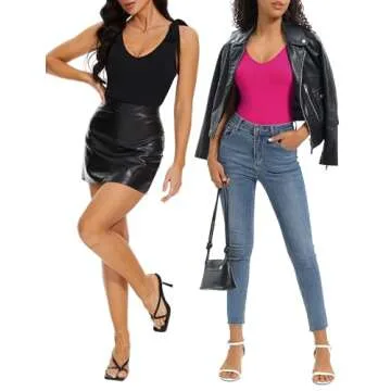POTILI Tank Top Sleeveless Bodysuit for Women Tie Shoulder V Neck Skims Bodysuits Going Out Black Body Suit Tops