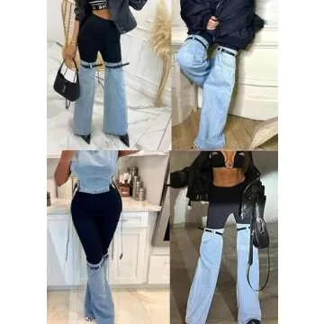 Nihsatin Women's Two Tone Denim Patchwork Flared Pants High Waisted Color Block Bell Bottom Jeans Pants