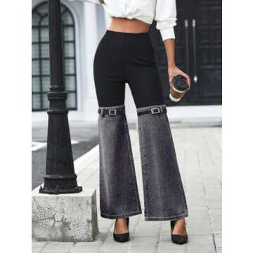 Nihsatin Women's Two Tone Denim Patchwork Flared Pants High Waisted Color Block Bell Bottom Jeans Pants