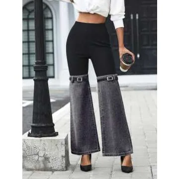 Nihsatin Women's Two Tone Denim Patchwork Flared Pants High Waisted Color Block Bell Bottom Jeans Pants