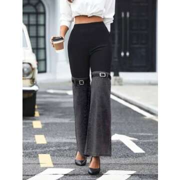 Nihsatin Women's Two Tone Denim Patchwork Flared Pants High Waisted Color Block Bell Bottom Jeans Pants