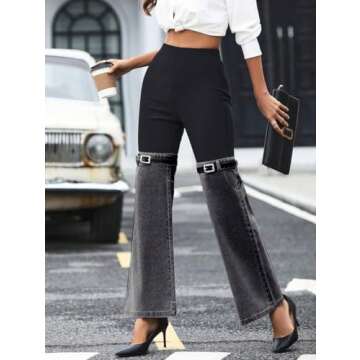 Nihsatin Women's Two Tone Denim Patchwork Flared Pants High Waisted Color Block Bell Bottom Jeans Pants