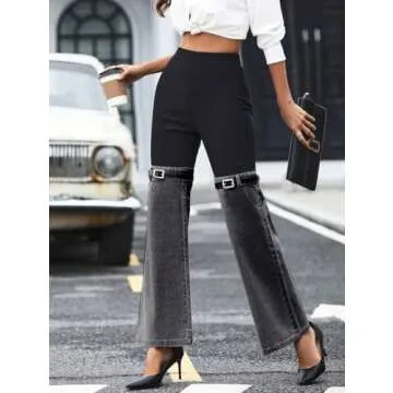 Nihsatin Women's Two Tone Denim Patchwork Flared Pants High Waisted Color Block Bell Bottom Jeans Pants