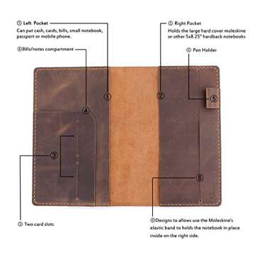 Robrasim Leather Journal Cover Fits for Moleskine Large Hard Cover Notebook, Handmade Vintage Leather Cover for 5"x8.25" Hardcover Notebooks - Brown