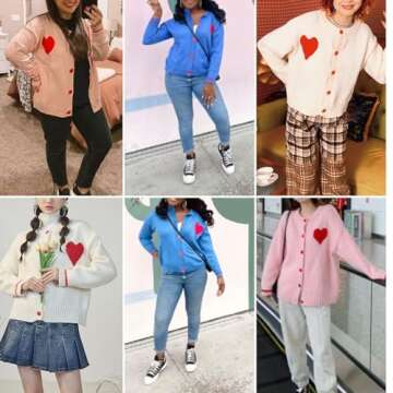 FindThy Women's Cute Cardigan Sweater Kawaii Love Heart Print Y2K Button Knitted Outerwear(0335-Pink-S-LB)