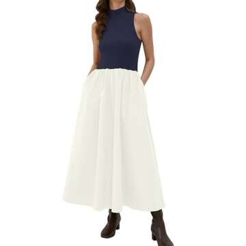 Lauweion Women's Sleeveless Turtleneck Maxi Dress Patchwork Casual Solid Flowy Fall Mock Neck Long D...