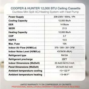Cooper & Hunter 12,000 BTU Ceiling Cassette Ductless Mini Split AC/Heating System with Heat Pump Wall Thermostat and Installation Kit…