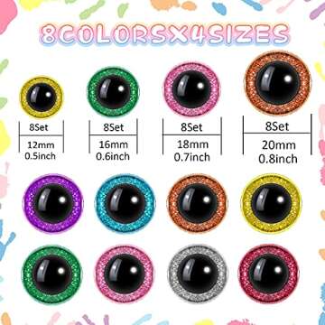 64 Pieces Glitter Plastic Safety Eyes 12 mm 16 mm 18 mm 20 mm Colorful Round Craft Doll Eyes with Wa...
