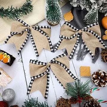Syhood 12 Pieces Black White Plaid Gift Bows Burlap Wreaths Bows Christmas Burlap Plaid Bow Christmas Tree Topper for Wedding Holiday Birthday Party Decoration Crafts Home Decoration