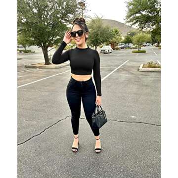 LAGSHIAN Basic Long Sleeve Crop Top, Women's Turtleneck Sexy Casual Top Black