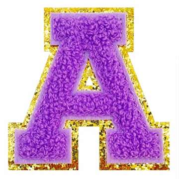 Jongdari Letter Patches Varsity Chenille Iron on Letters Patchs for Clothing English Letter A-Z with Gold Glitters Border, 26pcs Purple