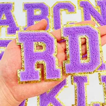 Jongdari Letter Patches Varsity Chenille Iron on Letters Patchs for Clothing English Letter A-Z with Gold Glitters Border, 26pcs Purple