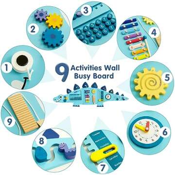 Beright Dinosaur Activity Wall Busy Board Panels, Montessori Sensory Toys, Toddler Learning Activity Center, Perfect for Toddler Playroom & Children's Daycare, Blue