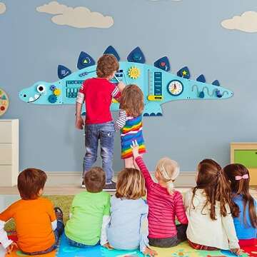 Beright Dinosaur Activity Wall Busy Board Panels, Montessori Sensory Toys, Toddler Learning Activity Center, Perfect for Toddler Playroom & Children's Daycare, Blue
