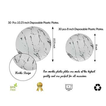 Trendables 60 Pack Disposable Dinnerware Combo - Marble Design Plastic Plates Set Includes: 30 10.25 in. Large Dinner Plates & 30 8" Salad/Dessert Plates - Premium Marble Like For Parties Weddings