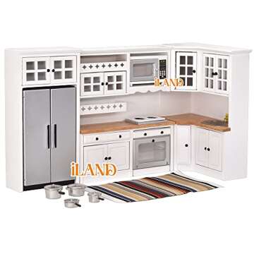 iLAND Dollhouse Kitchen, Modern Dollhouse Furniture Set on 1/12 Scale Wooden White to Store Miniatur...