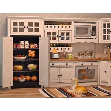 iLAND Dollhouse Kitchen, Modern Dollhouse Furniture Set on 1/12 Scale Wooden White to Store Miniature Food