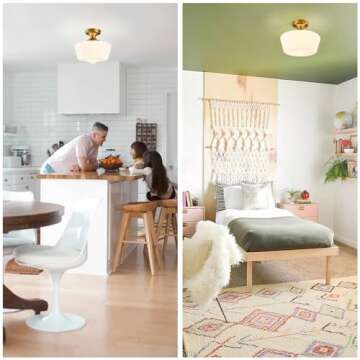 youngrender Schoolhouse Light Fixture Modern Gold Ceiling Light,Semi Flush Mount Ceiling Light,12''Wide Opal Milk Glass Shade,Brass Vintage Light for Farmhouse Bedroom Kitchen Hallway Entryway