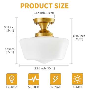 youngrender Schoolhouse Light Fixture Modern Gold Ceiling Light,Semi Flush Mount Ceiling Light,12''Wide Opal Milk Glass Shade,Brass Vintage Light for Farmhouse Bedroom Kitchen Hallway Entryway
