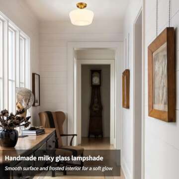 youngrender Schoolhouse Light Fixture Modern Gold Ceiling Light,Semi Flush Mount Ceiling Light,12''Wide Opal Milk Glass Shade,Brass Vintage Light for Farmhouse Bedroom Kitchen Hallway Entryway