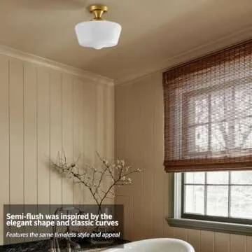 youngrender Schoolhouse Light Fixture Modern Gold Ceiling Light,Semi Flush Mount Ceiling Light,12''Wide Opal Milk Glass Shade,Brass Vintage Light for Farmhouse Bedroom Kitchen Hallway Entryway