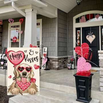 AVOIN colorlife Valentine's Day Dog Garden Flag 12x18 Inch Golden Retriever Hugs Kisses Double Sided, Anniversary Wedding Yard Outdoor Flag