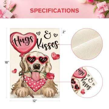 AVOIN colorlife Valentine's Day Dog Garden Flag 12x18 Inch Golden Retriever Hugs Kisses Double Sided, Anniversary Wedding Yard Outdoor Flag