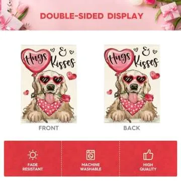 AVOIN colorlife Valentine's Day Dog Garden Flag 12x18 Inch Golden Retriever Hugs Kisses Double Sided, Anniversary Wedding Yard Outdoor Flag