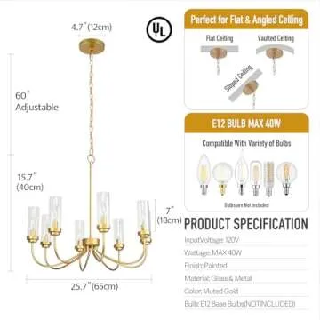 Homebelife 8-Light Muted Gold Chandelier Modern Farmhouse Linear Pendant Lighting Fixture with Clear Glass Lampshade Candle Hanging Lamp for Bedroom Dining Living Room