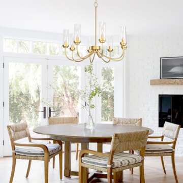 Homebelife 8-Light Muted Gold Chandelier Modern Farmhouse Linear Pendant Lighting Fixture with Clear Glass Lampshade Candle Hanging Lamp for Bedroom Dining Living Room