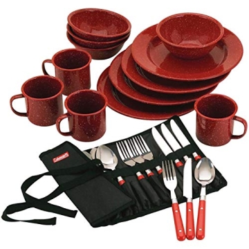 Coleman 24-Piece Enamel Dinnerware Set, Durable Dishes & Utensils for Camping & Outdoor Use, Dishwas...