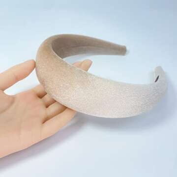 FunCosta velvet padded headband wide puffy headbands for women girls vintage sponge hair band trendy and cute hair accessories (Cream color)