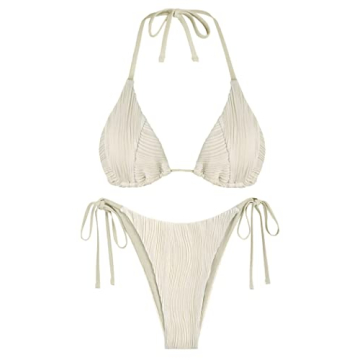 ZAFUL Womens Bikini Bathing Suit Halter Two Piece Swimsuit Ribbed Texture Cheeky High Cut Triangle B...