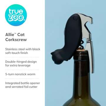 TrueZoo Allie the Black Cat Double Hinged Corkscrew - Novelty Wine Key and Practical Bottle Opener
