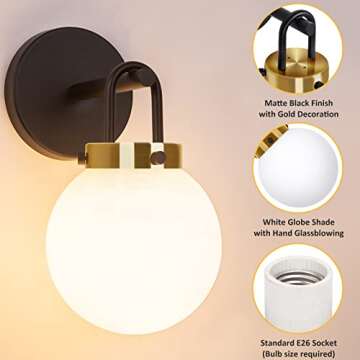 Modern Wall Sconces Set of Two, Black Gold Wall lighting, Bathroom Vanity Light with White Globe Gla...
