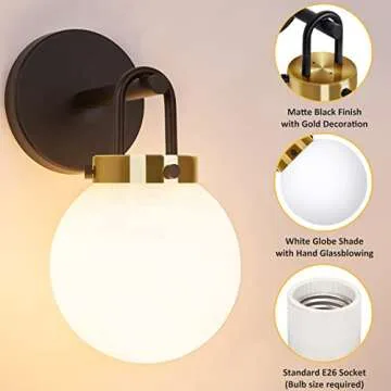 Modern Wall Sconces Set of Two, Black Gold Wall lighting, Bathroom Vanity Light with White Globe Gla...
