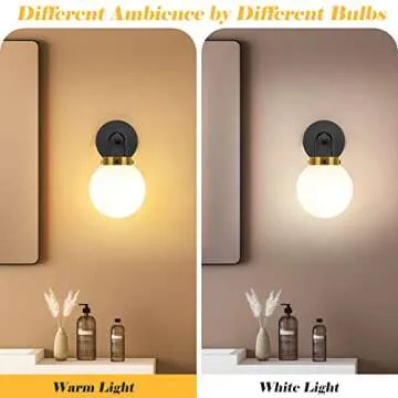 Modern Wall Sconces Set of Two, Black Gold Wall lighting, Bathroom Vanity Light with White Globe Glass, Wall Sconce Light - Wall Lamps for Bedroom Living Room Hallway Stairs Kitchen, E26 Socket