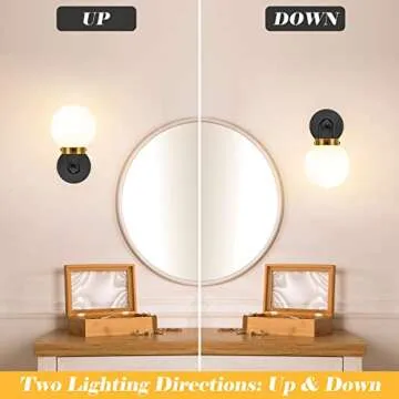 Modern Wall Sconces Set of Two, Black Gold Wall lighting, Bathroom Vanity Light with White Globe Glass, Wall Sconce Light - Wall Lamps for Bedroom Living Room Hallway Stairs Kitchen, E26 Socket