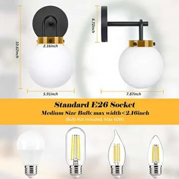 Modern Wall Sconces Set of Two, Black Gold Wall lighting, Bathroom Vanity Light with White Globe Glass, Wall Sconce Light - Wall Lamps for Bedroom Living Room Hallway Stairs Kitchen, E26 Socket