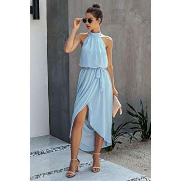 Alelly Women's Sleeveless Halter Neck Dresses High Low Hem Slited Party Cocktail Dress Light Blue