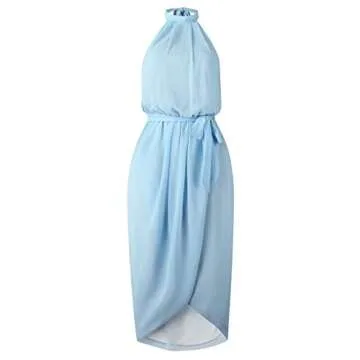 Alelly Women's Sleeveless Halter Neck Dresses High Low Hem Slited Party Cocktail Dress Light Blue