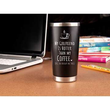 KLUBI Gifts For Him Boyfriend - My Girlfriend Is Hotter Than My Coffee Mug 20oz Cute Birthday Gifts for Boyfriend Coffee Mug for Men Black Tumbler with Straw
